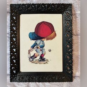 1978 Arthur A. Kaplan Co. Lil Slugger Framed Litho Print Cartoon Baseball Boy